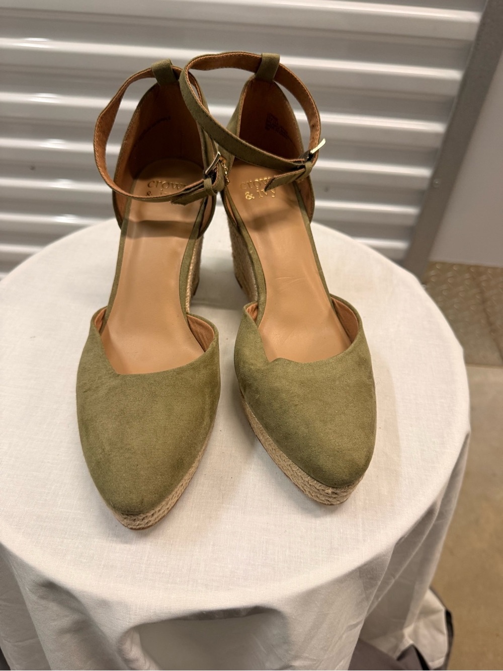 crown & ivy Olive Suede Espadrille Wedge with Ankle Strap